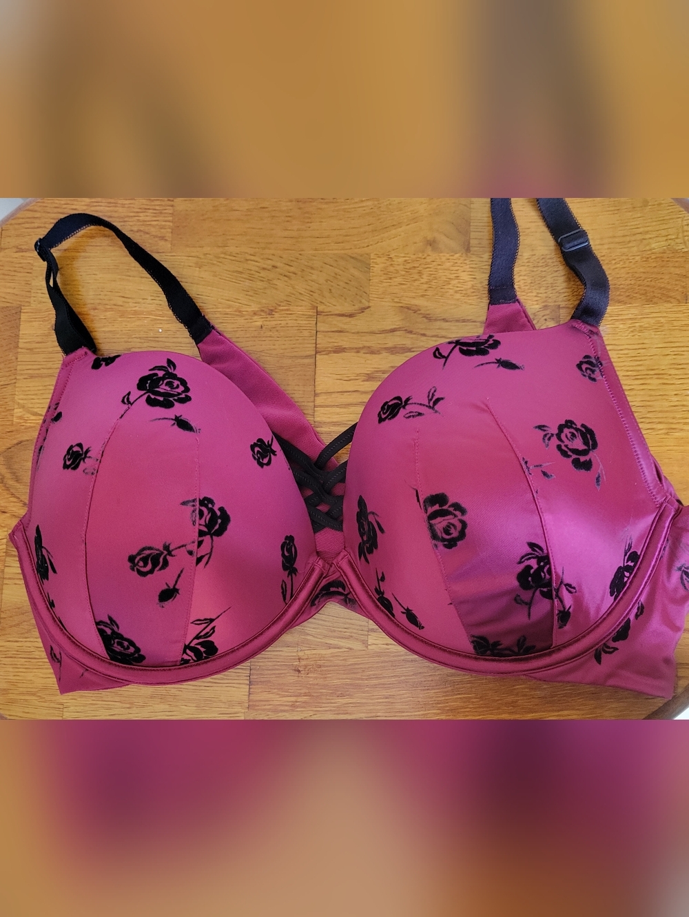 Torrid Plunge Push-Up Bra in Red with Black Velvet Roses